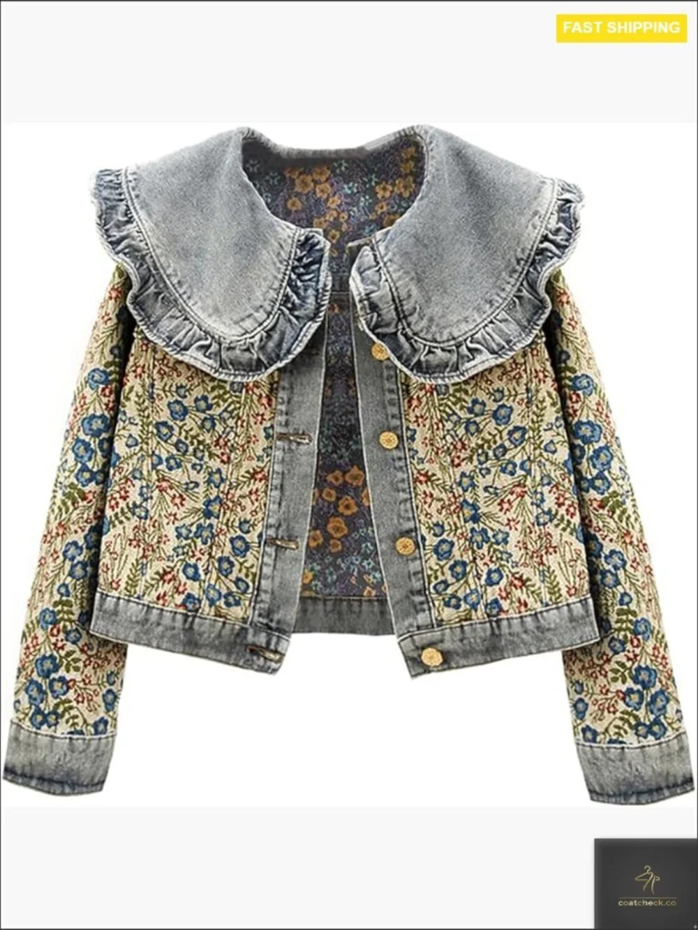 Peter Pan Collar Denim Jacket Long Sleeve Jacquard Floral Sweet Chic